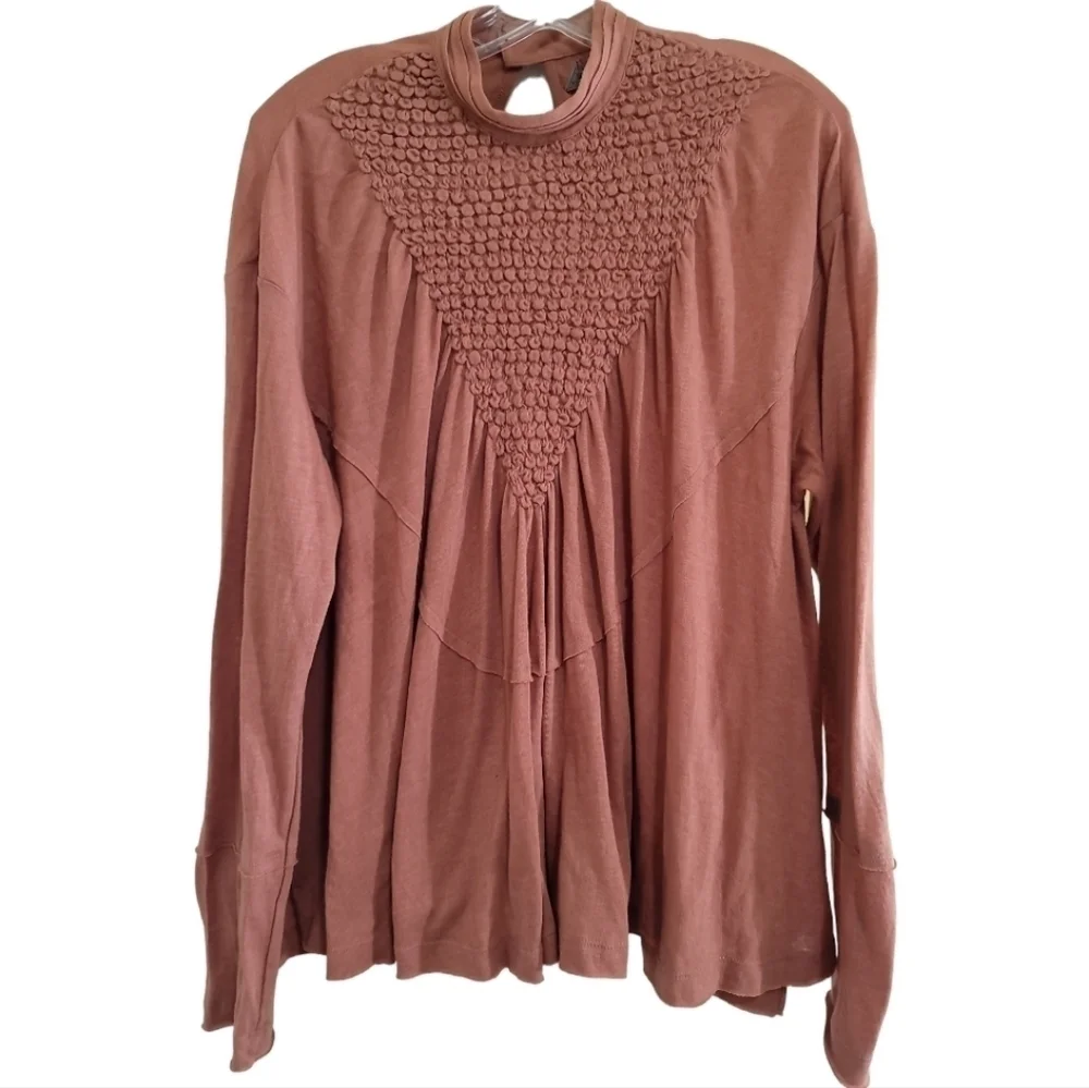 Free People New Romantics Lena Mock Neck Blouse Medium High Neck Flowy Side Slit